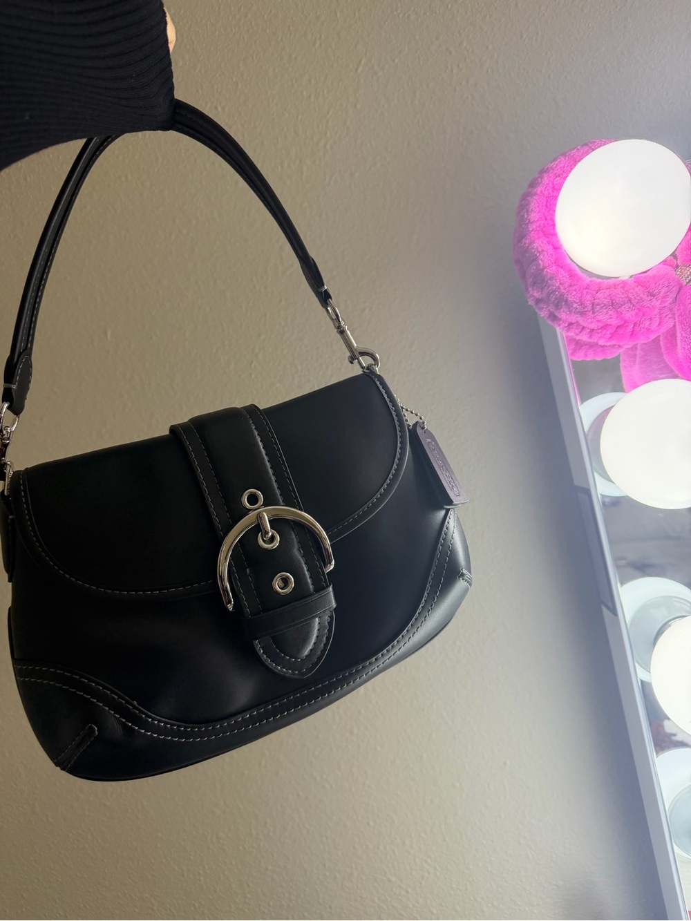 Coach Black Leather Shoulder Bag with Silver Buckle